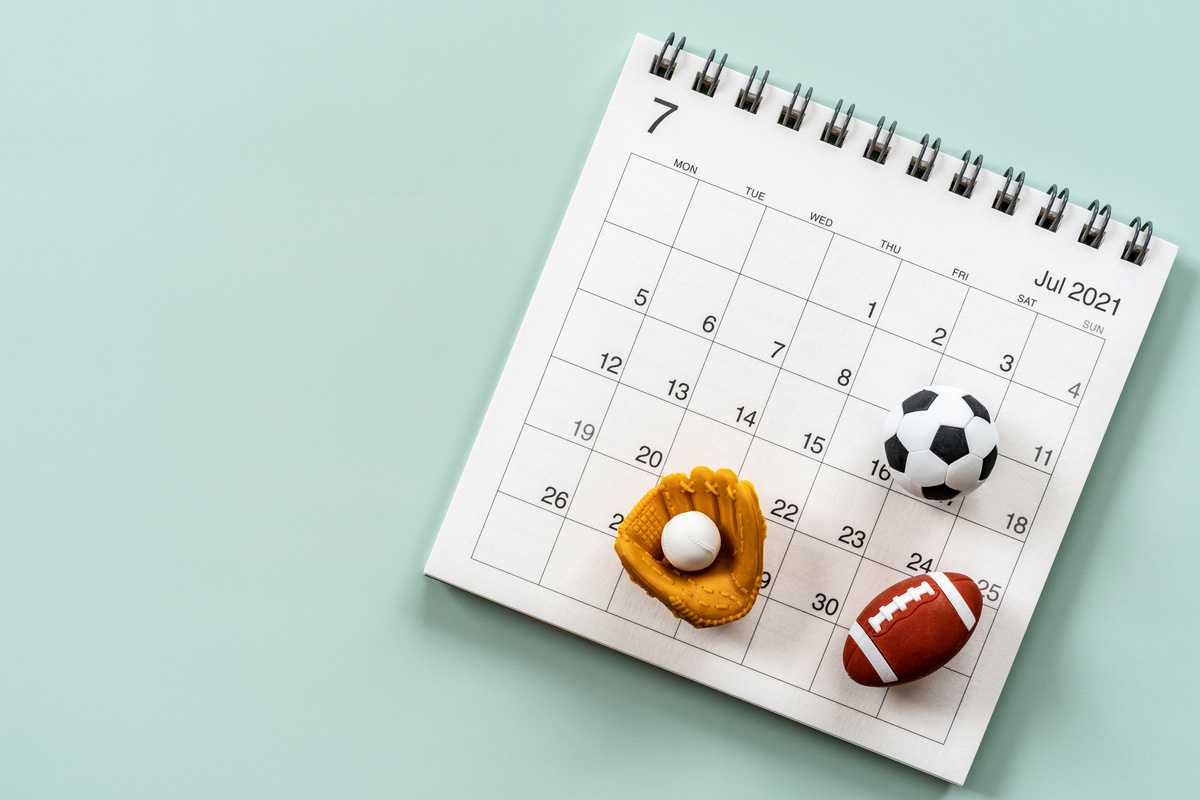 Sports day 2021; Japanese public holiday; a calendar and sports equipment's toys.